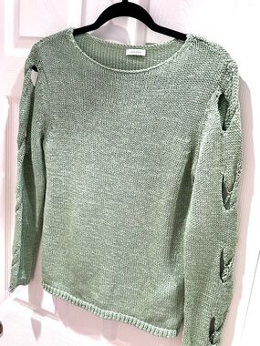 Lascana Braided-Sleeve Knit Sweater in Sage Green - Light Weight. Med